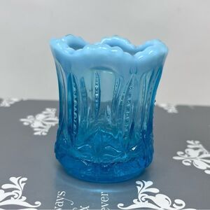 Jefferson Blue Glass Opalescent Iris with Meander Toothpick Holder